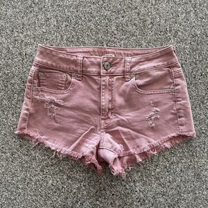 American Eagle High Rise‎ Jean Shorts Size 2 Stretch Pink Distressed